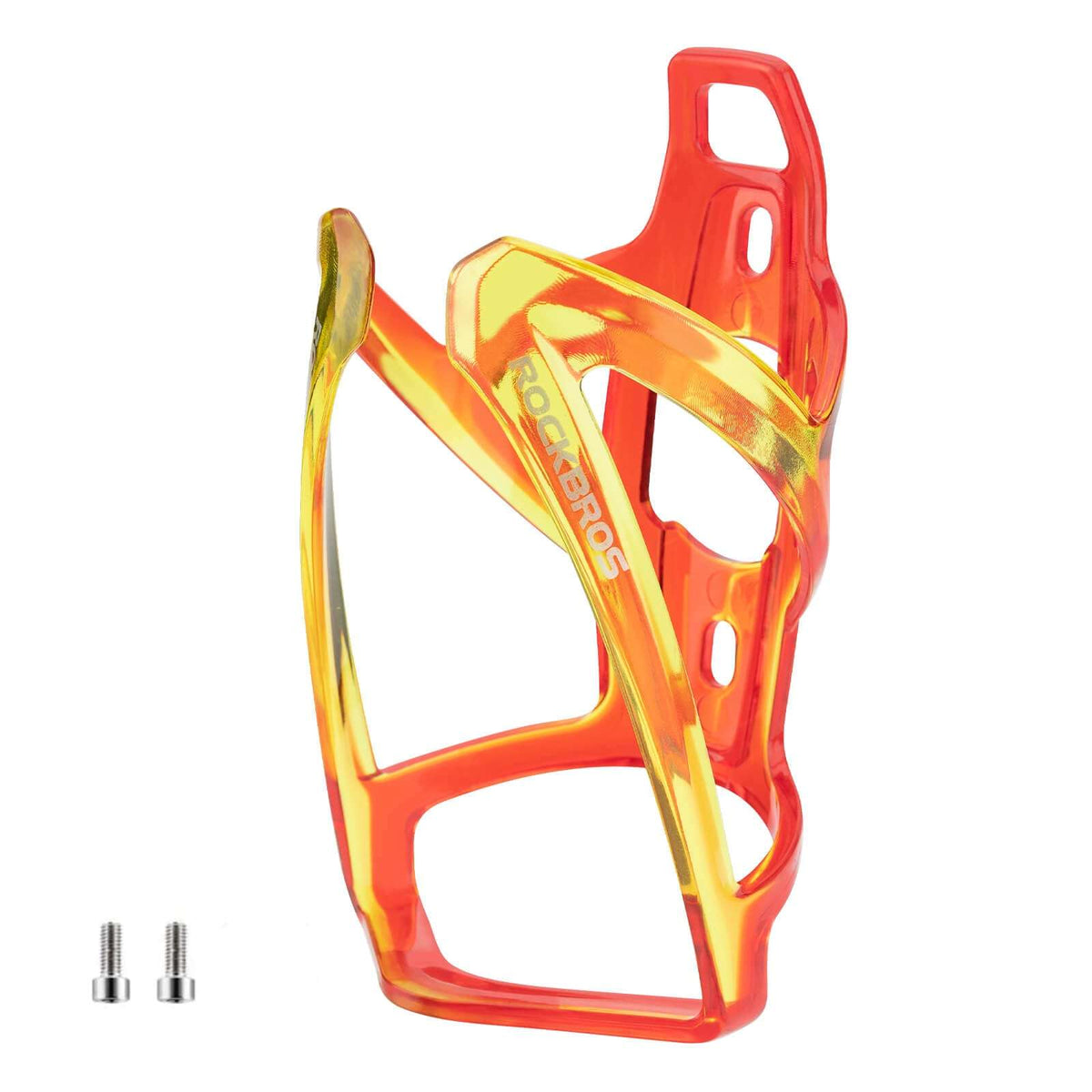 Orange and gold bike water bottle cage with cutout frame and mounting holes.