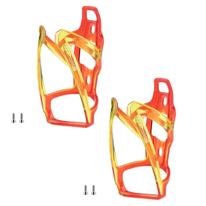 Pair of orange and gold bike water bottle cages with mounting holes and cutout sides.
