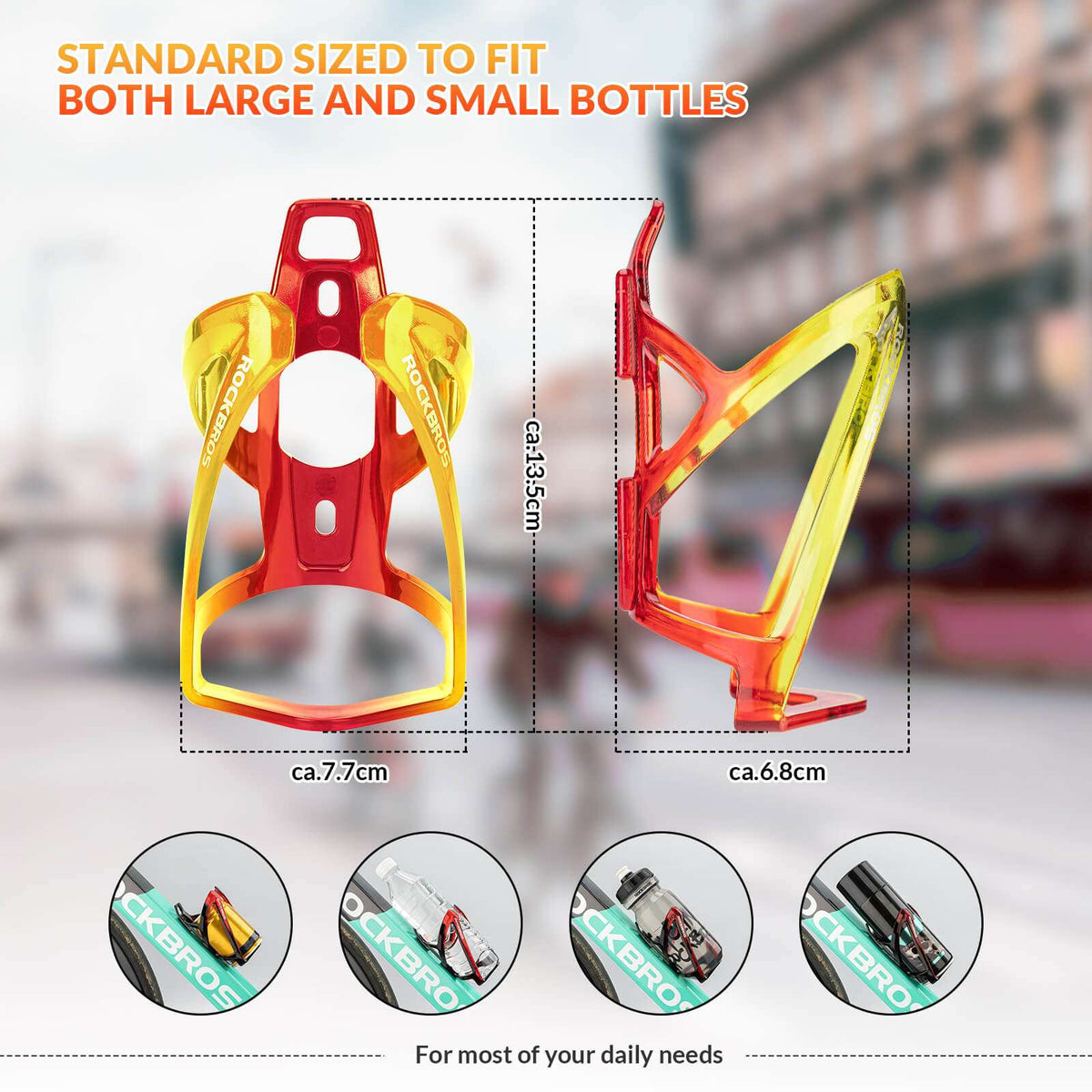 Red bike bottle cage with yellow accents, front and side angles