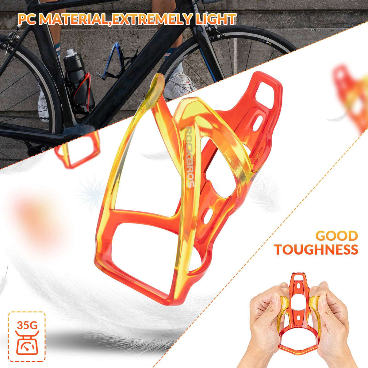 ROCKBROS bike water bottle cage, orange-red metallic frame with four mounting points
