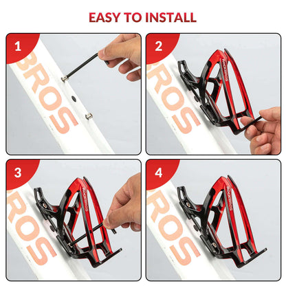 Bike bottle cage installed on bike frame, hands tightening mounting screws