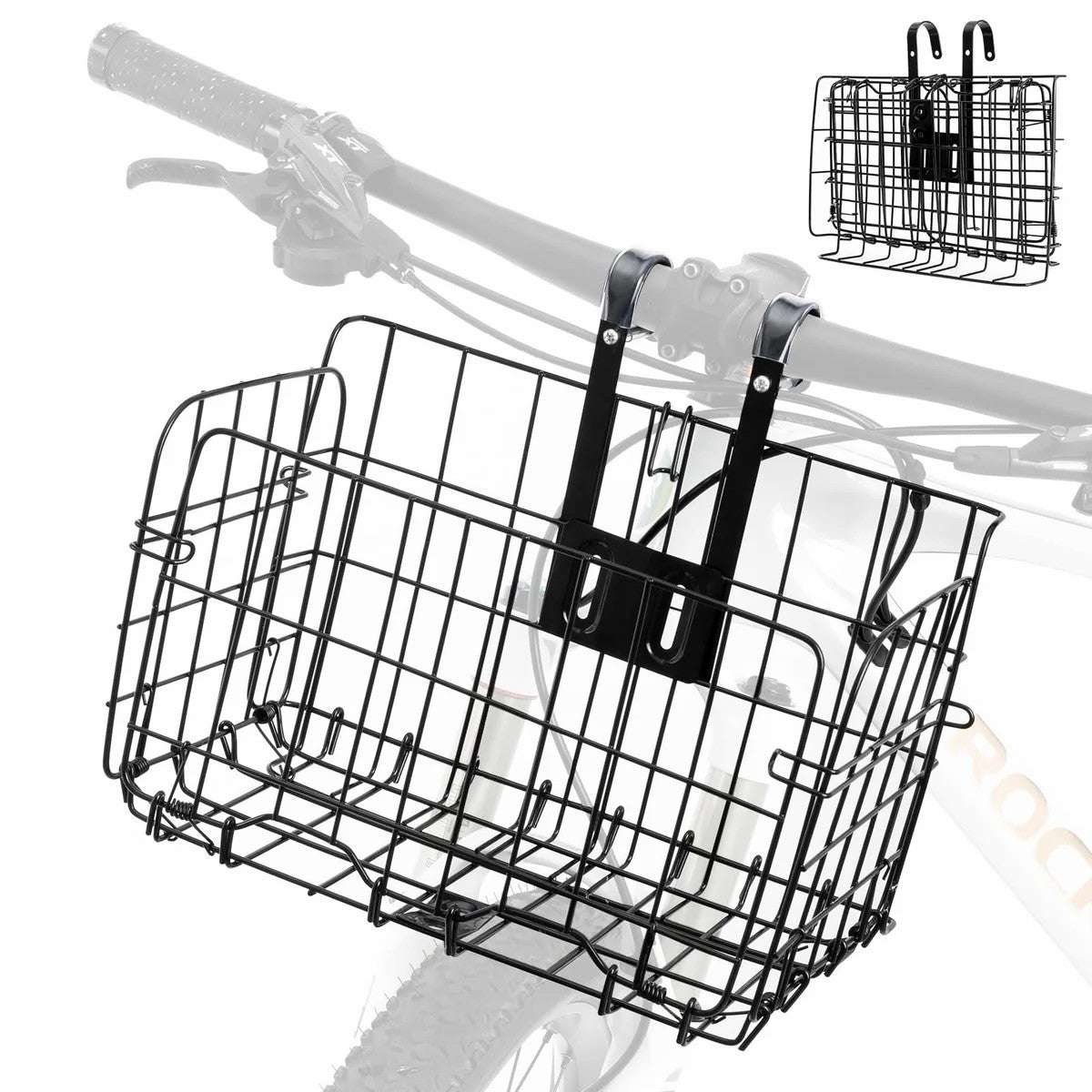 Folding bike basket, black wire mesh with mounting bracket and straps