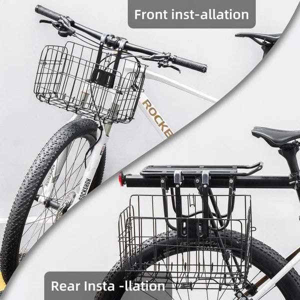 Folding wire bike basket installed on a bicycle front and rear rack