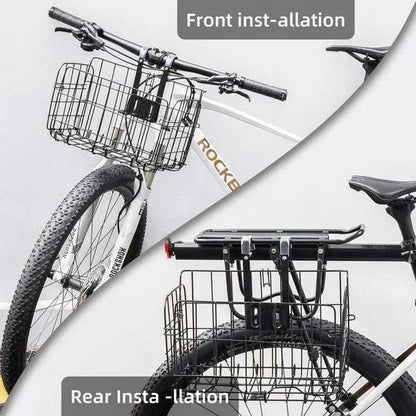 Folding wire bike basket installed on a bicycle front and rear rack