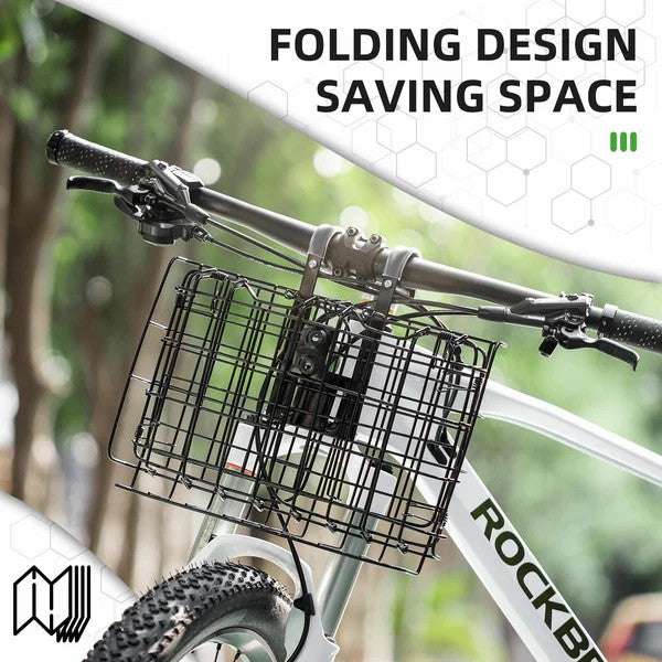 Folding bike basket in black wire mesh mounted near the handlebars