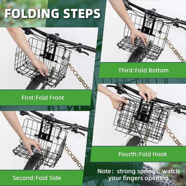 Folding bike basket with hands demonstrating folding hinge and hook positions