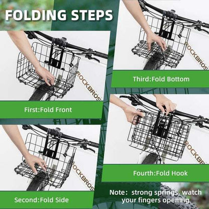 Folding bike basket with hands demonstrating folding hinge and hook positions