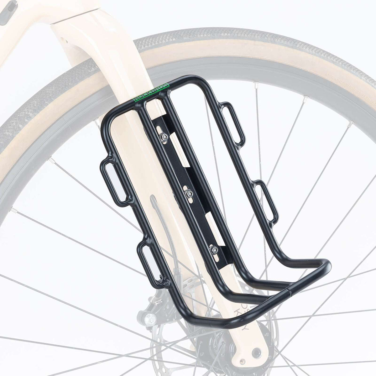 Black front fork bike rack with curved legs and fork mounting brackets