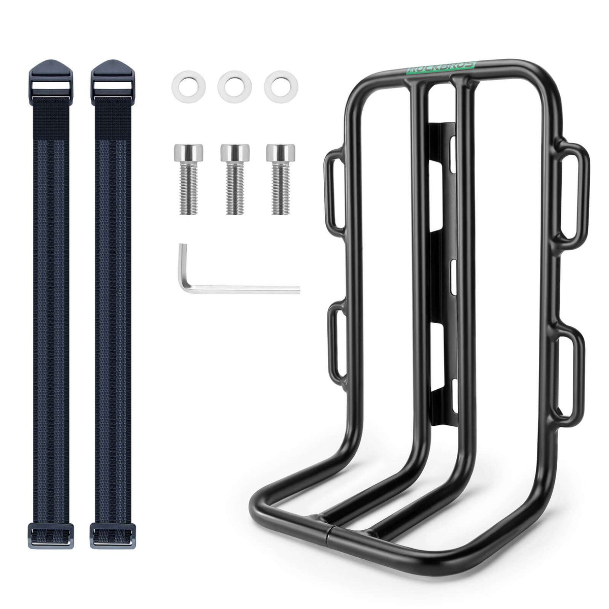 Black front fork bike rack kit with straps, screws, spacers, and Allen wrench