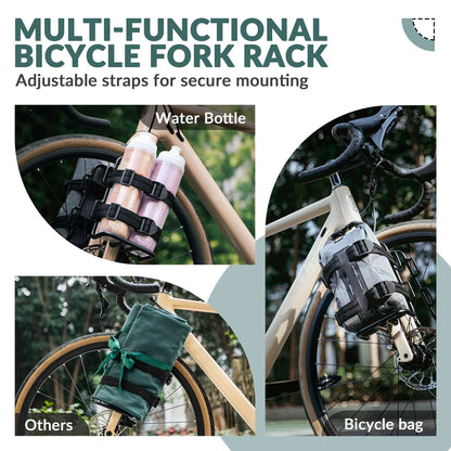 Front fork bike rack on bicycle fork with straps for attaching bottles or bags