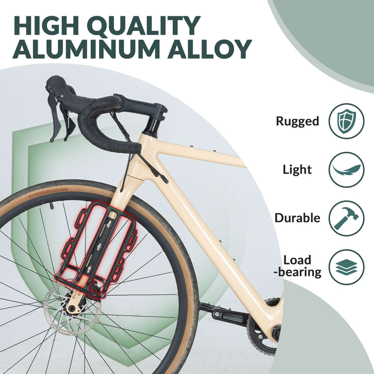 Front fork bike rack on a bicycle front end, black aluminum with curved supports