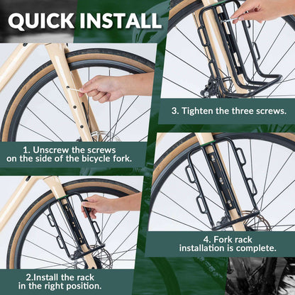 Front fork bike rack mounted on fork, tightened with three screws for secure installation