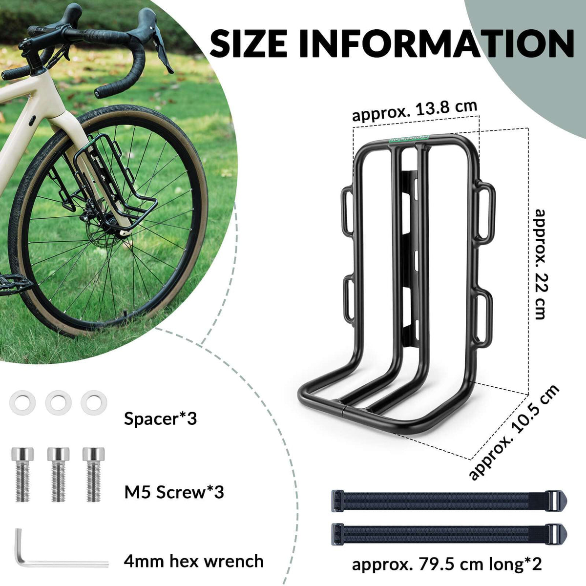 Black front fork bike rack with included mounting screws and wrench for installation