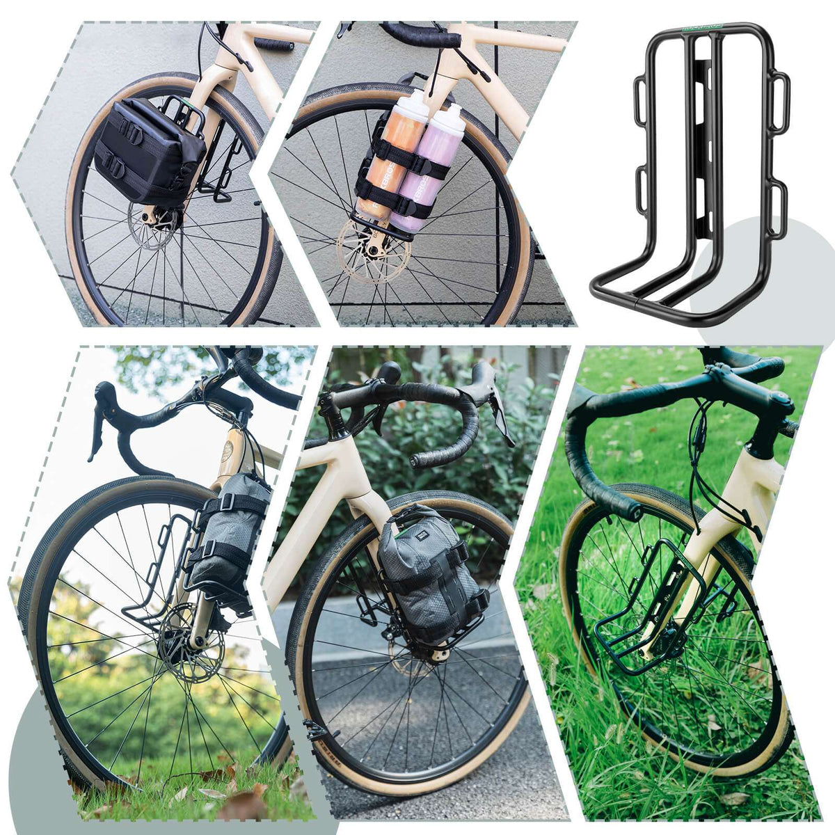 Black front fork bike rack on bicycle fork with a bottle or small bag secured