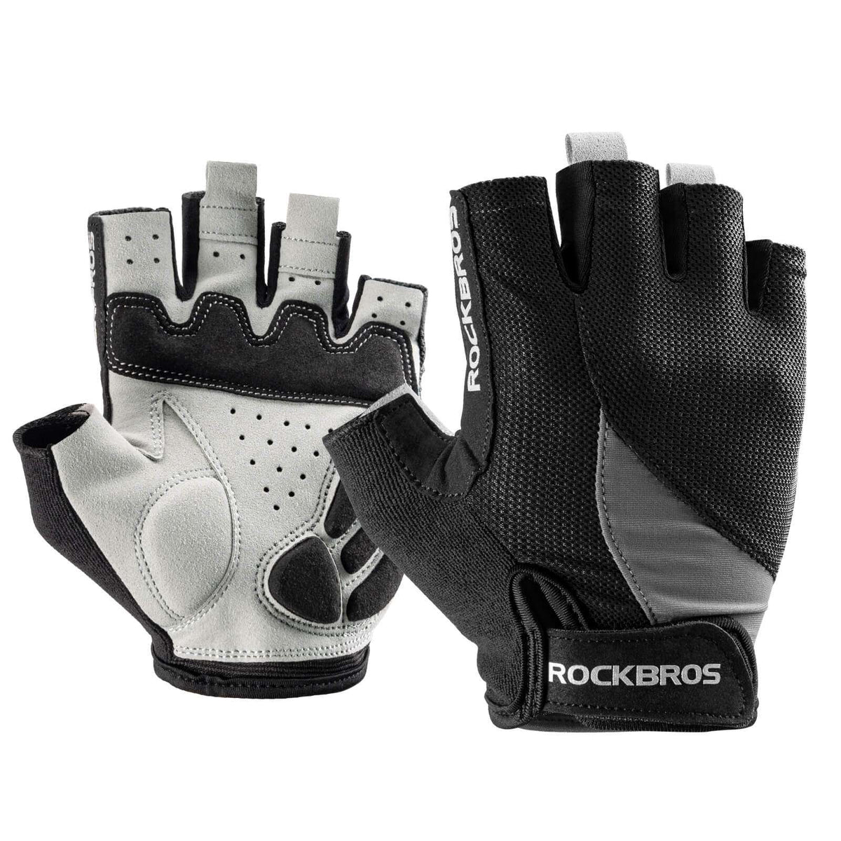 Half-finger cycling gloves, white and black, padded knuckle protection, breathable mesh.
