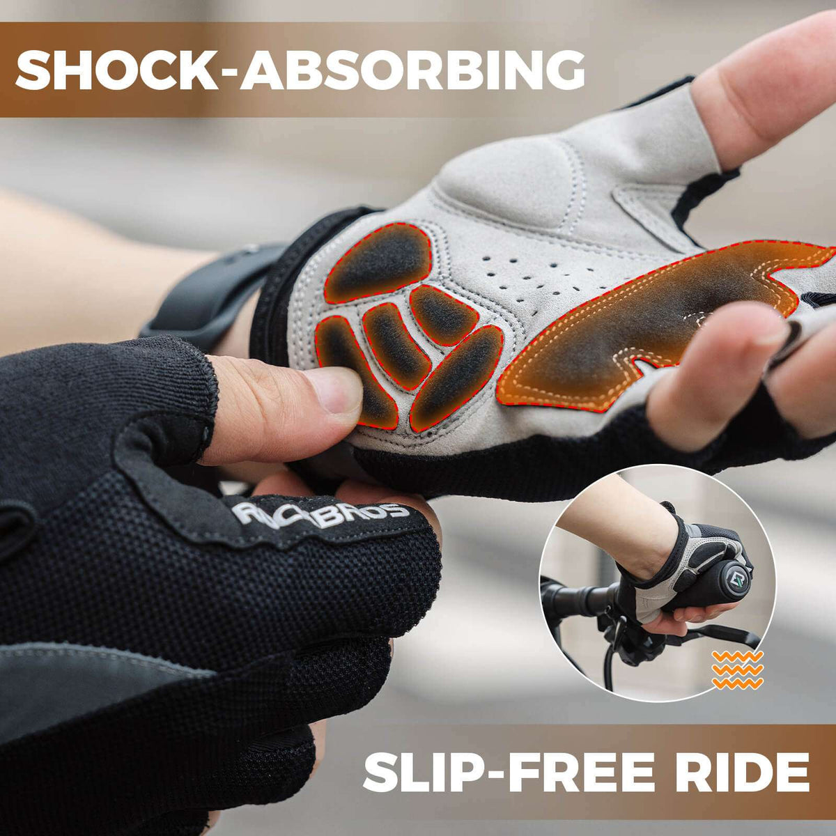 White half-finger cycling gloves with padded knuckles and shock-absorbing inserts.