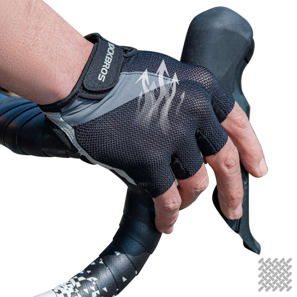 Half-finger cycling gloves on a hand, dark mesh upper with padded grip palm.