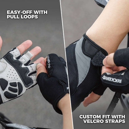 Half-finger cycling gloves with pull loops and velcro wrist strap, light and dark colors.