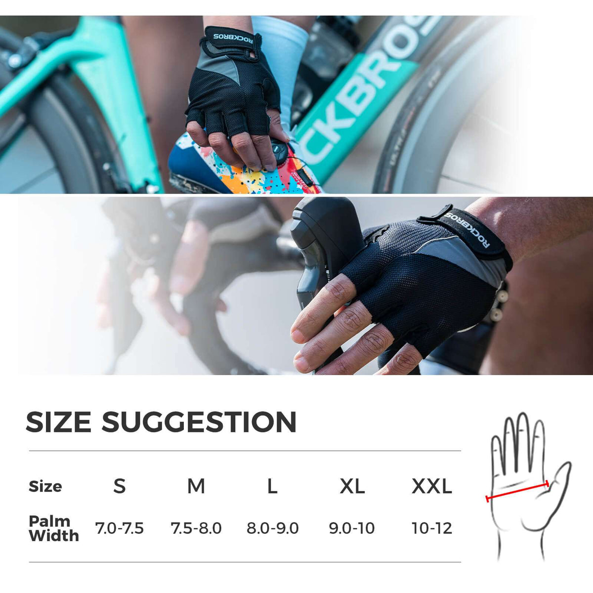 Black half-finger cycling gloves on a rider hand, textured grip palm and mesh back.