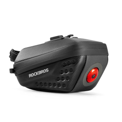 ROCKBROS hard shell bike saddle bag with red rear light, black textured design