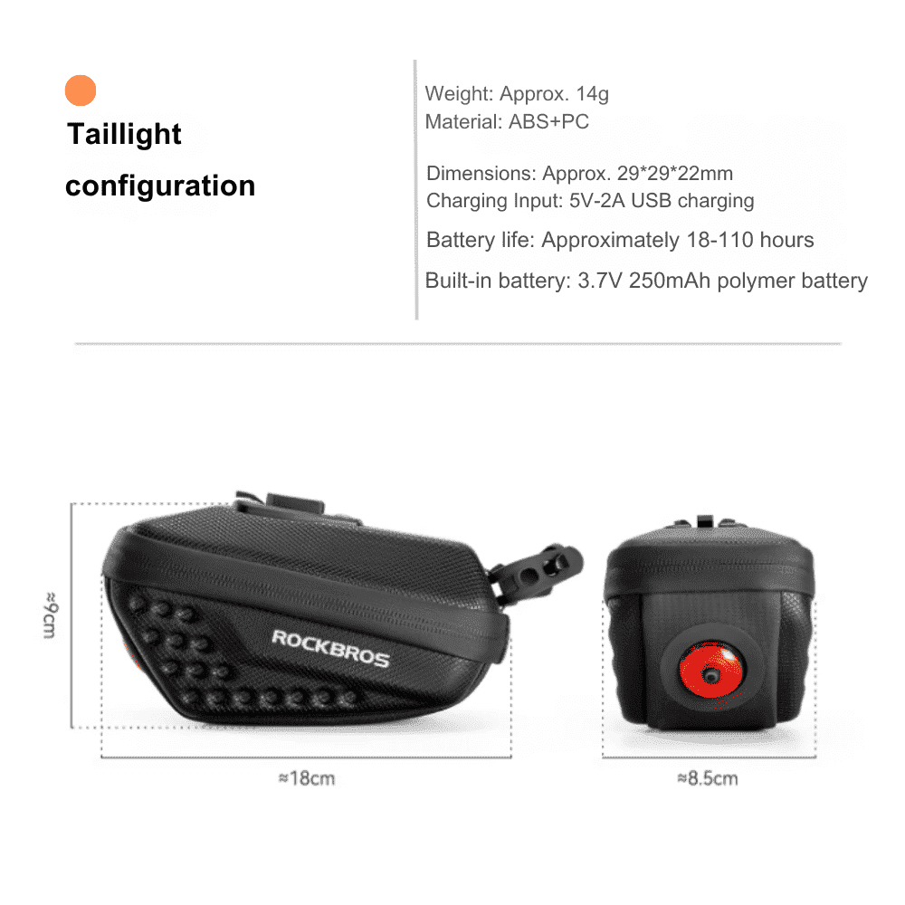 ROCKBROS bike saddle bag with built-in red tail light, side and front views