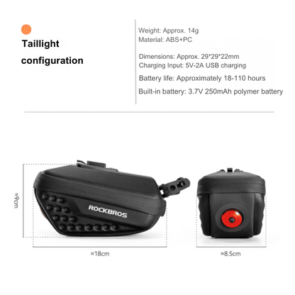 ROCKBROS bike saddle bag with built-in red tail light, side and front views