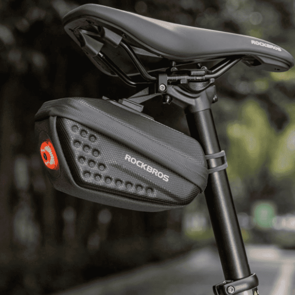 ROCKBROS hard shell saddle bag with red rear light mounted under bike seat