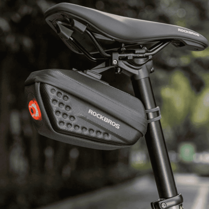 ROCKBROS hard shell saddle bag with red rear light mounted under bike seat