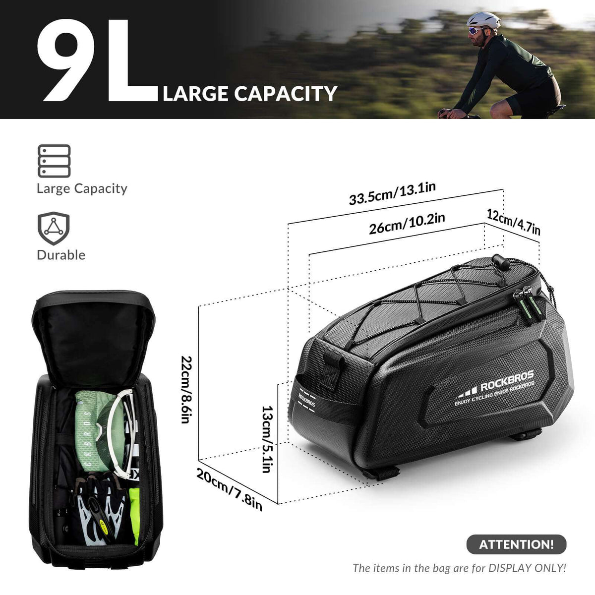 Black hard-shell rear rack bike trunk bag with front handle and molded panels