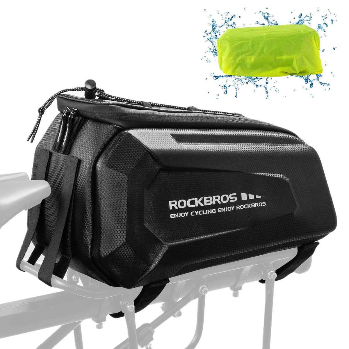 Black waterproof bike trunk bag with hard shell and top zipper on rear rack