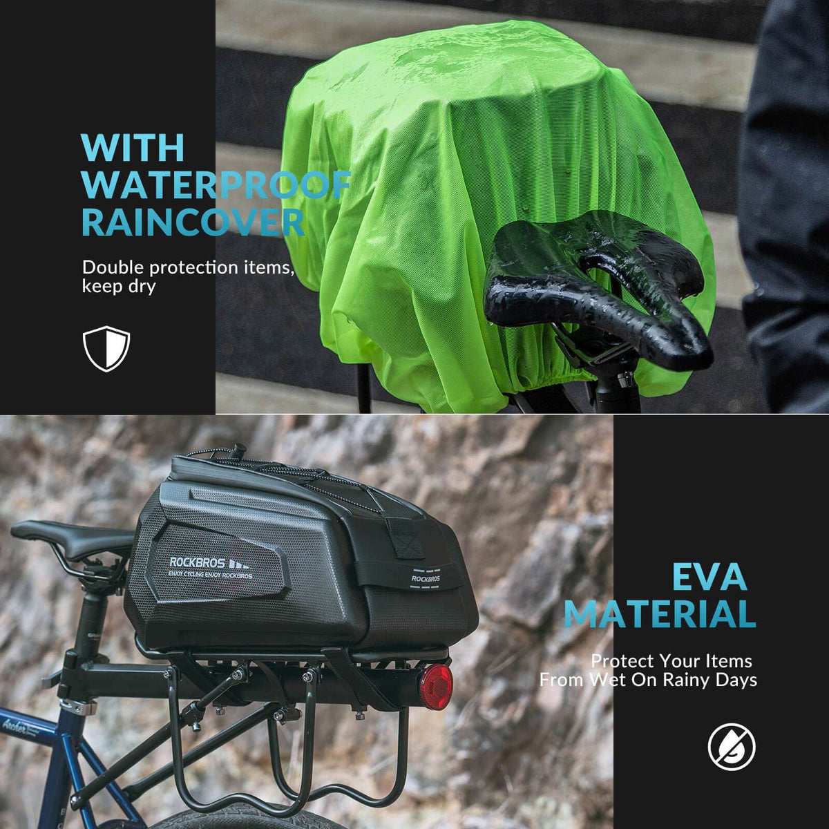 Black rear rack bike trunk bag with bright waterproof rain cover