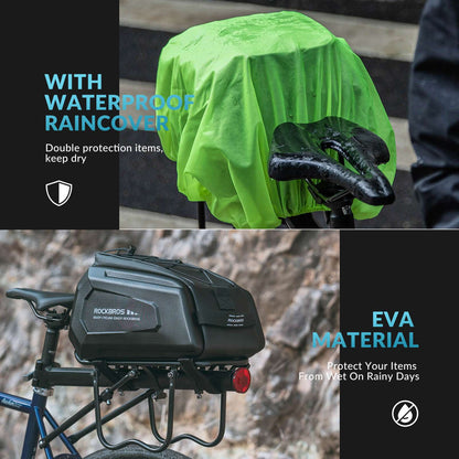 Black rear rack bike trunk bag with bright waterproof rain cover