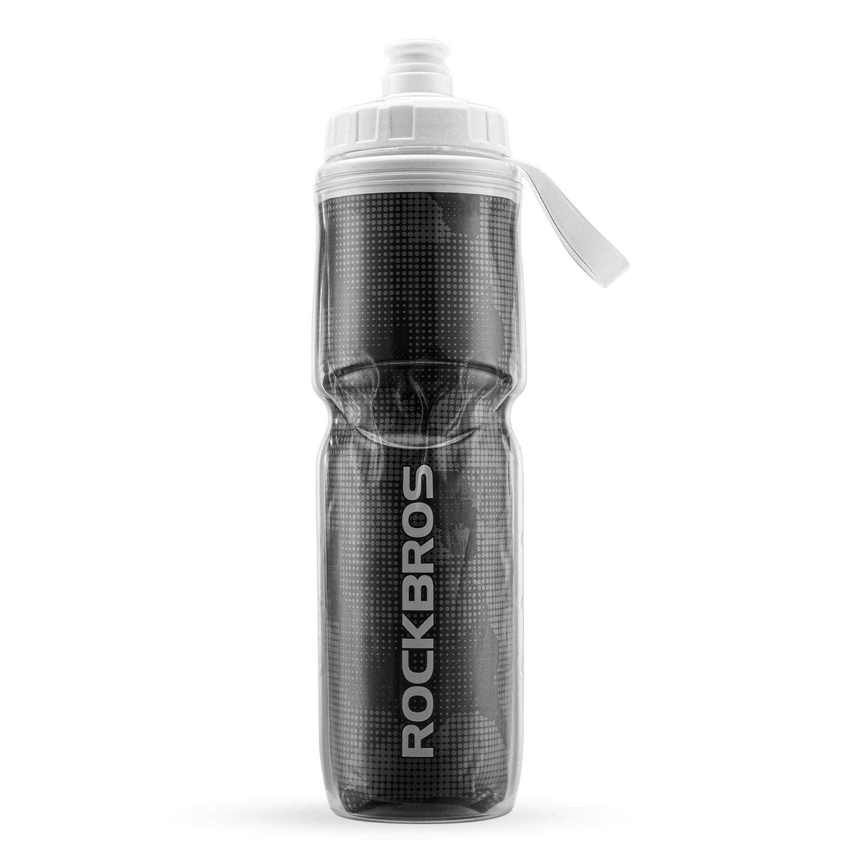 Black insulated bike water bottle with flip spout lid and carry handle