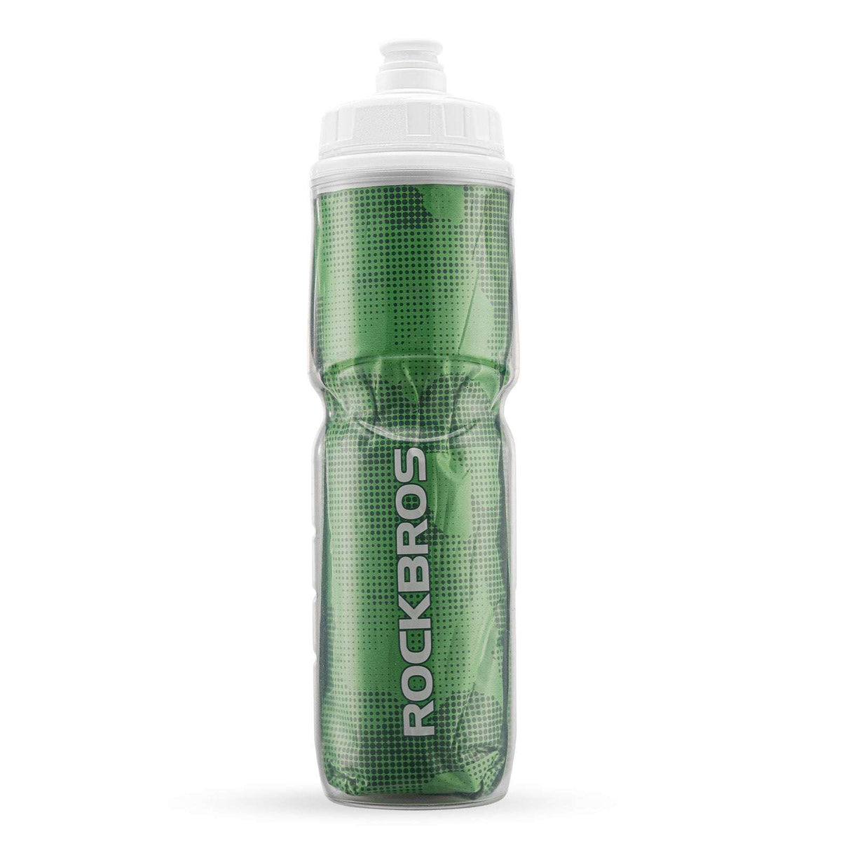Green insulated bike water bottle with flip spout lid and carry handle