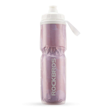 Pink insulated bike water bottle with flip spout lid and carry handle