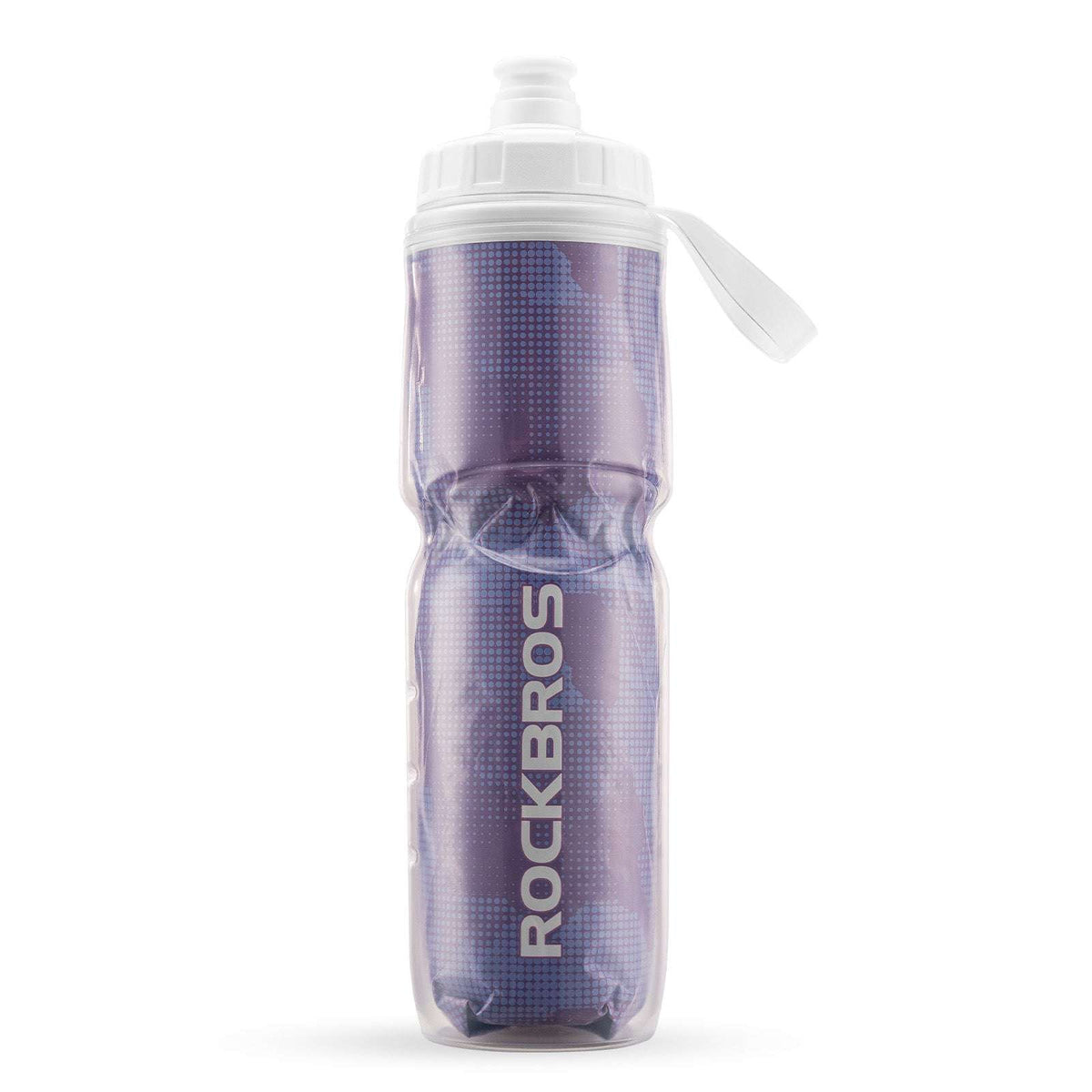 Purple insulated bike water bottle with flip spout lid and carry handle