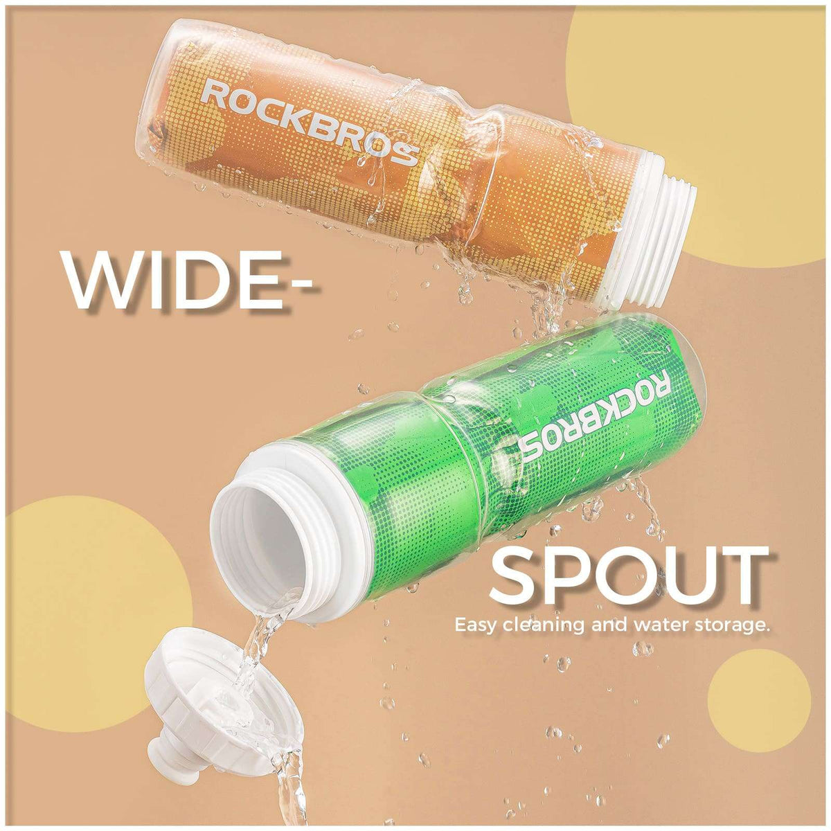 Green and orange insulated bike water bottles with wide spouts, pouring water