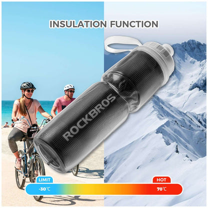 Black insulated bike water bottle with wide spout and attached carry handle strap
