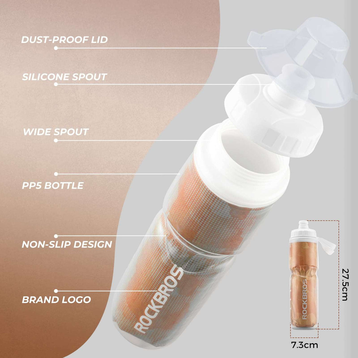 Orange insulated bike water bottle with silicone spout and dust-proof lid