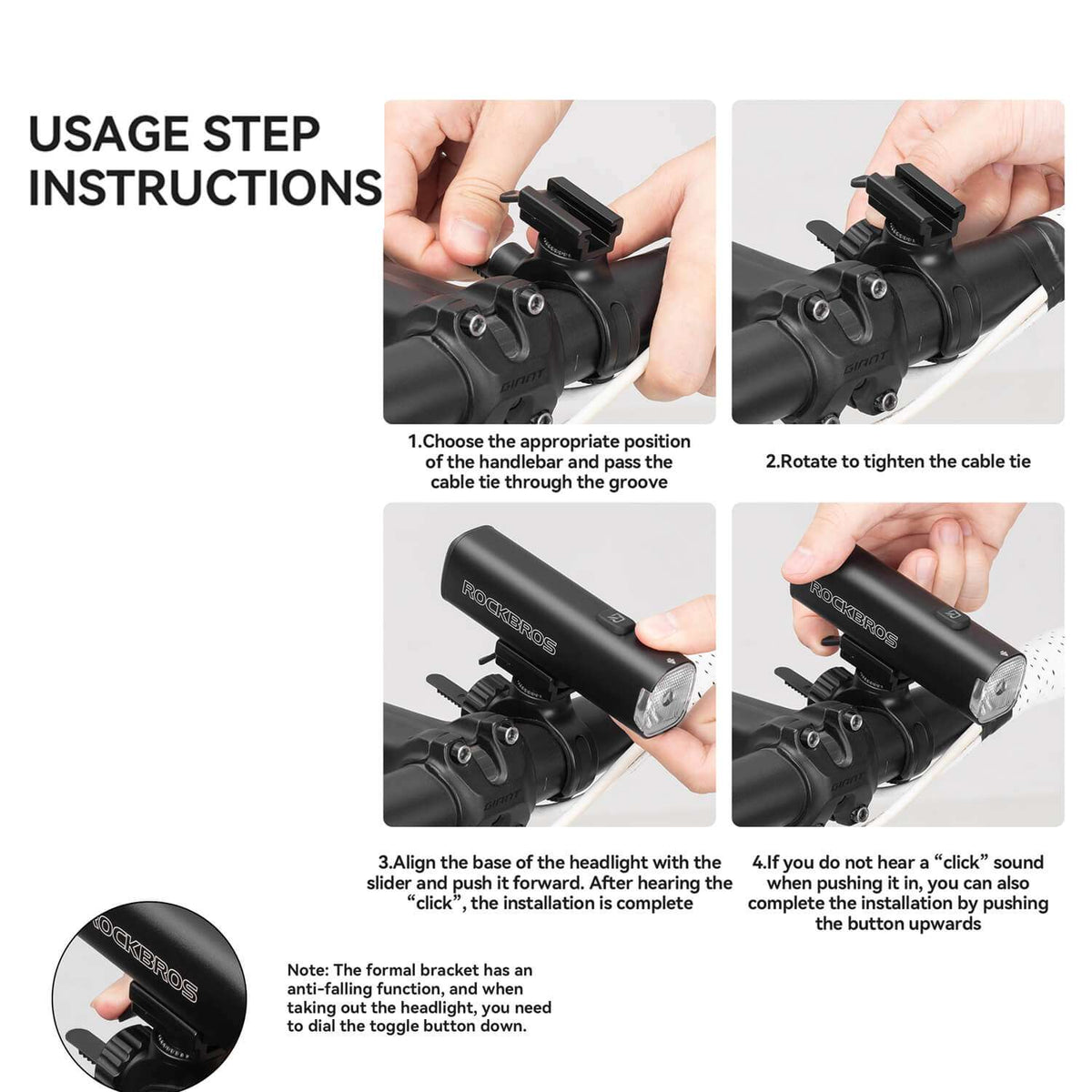 Bike front light installation on handlebars with mounted clamp
