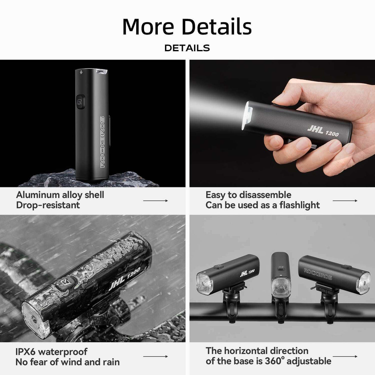 Bike front light with aluminum shell and waterproof construction detail