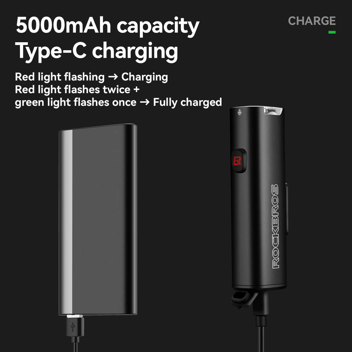 Black bike light battery pack with Type-C charging port