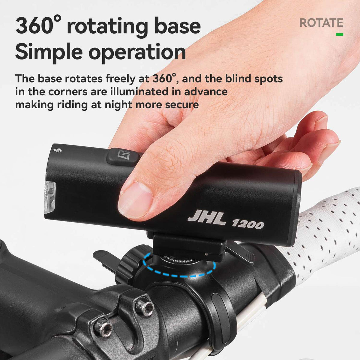 Bike front light with 360° rotating base and handlebar clamp