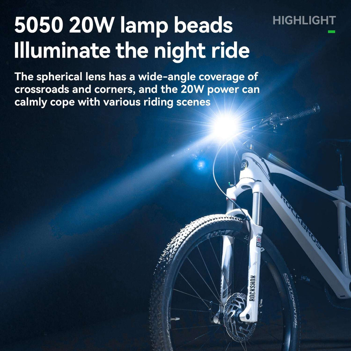 Bike front light with bright wide-angle beam from front lens