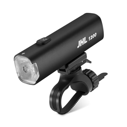 Black bike front light with handlebar mount and clear front lens