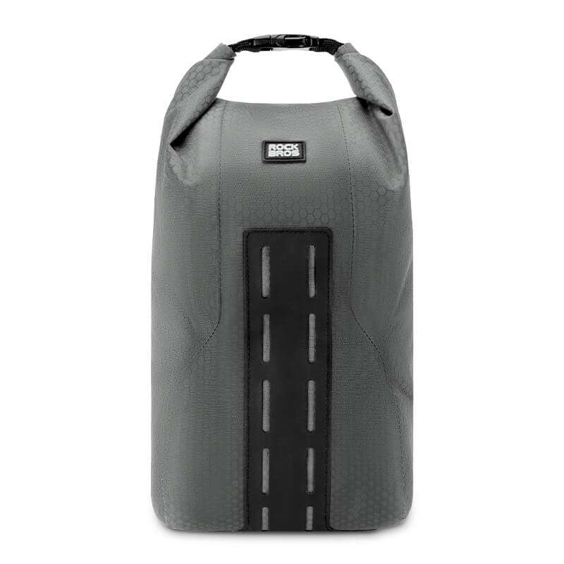 Gray water-resistant front fork rack bag with roll-top closure and black mounting straps