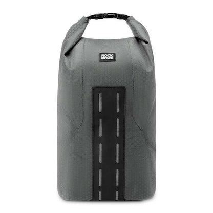 Gray water-resistant front fork rack bag with roll-top closure and black mounting straps