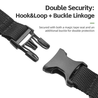 Gray front fork rack bag with adjustable hook-and-loop and buckle strap system
