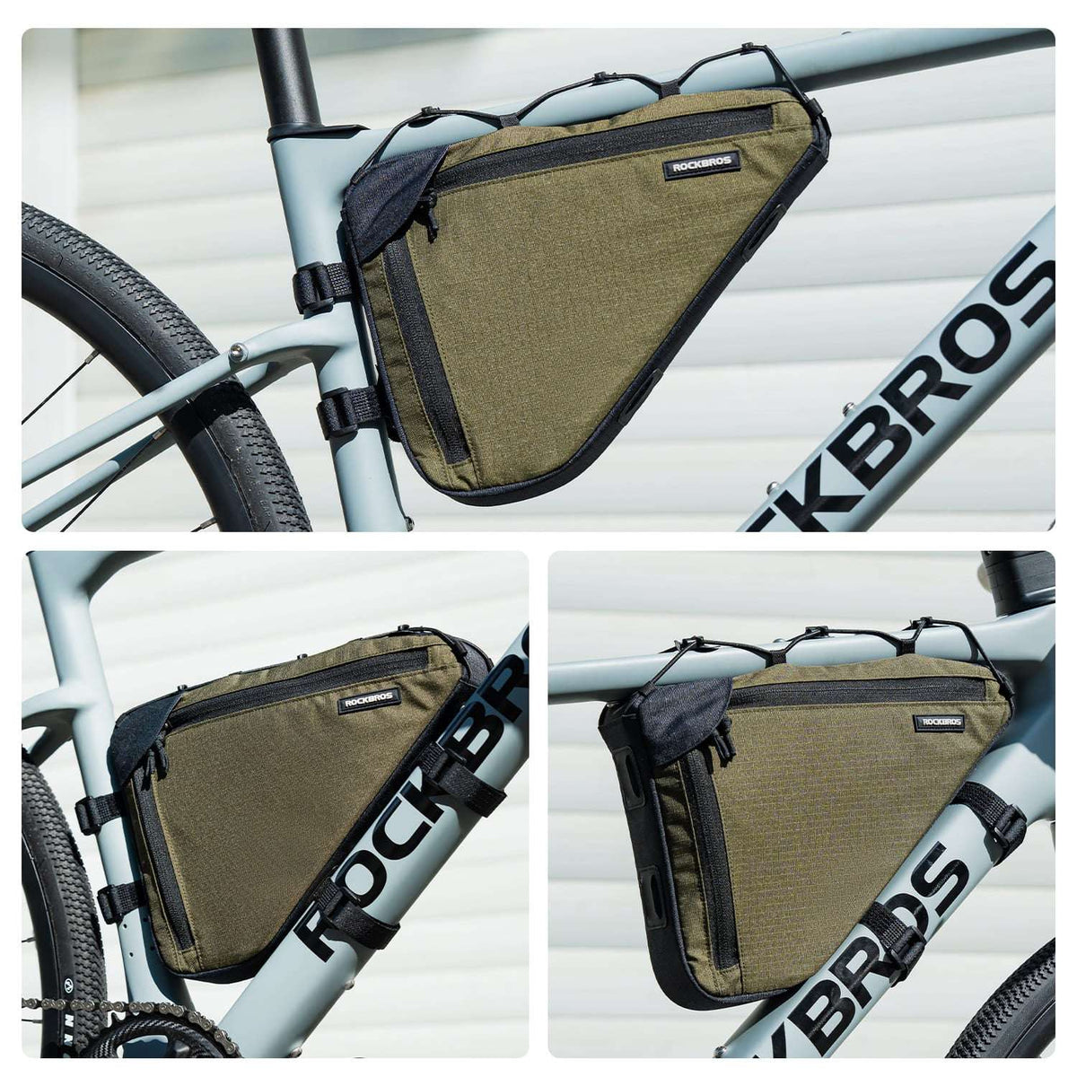 Olive triangle frame bag with black zipper, trim, and mounting straps on bicycle frame.