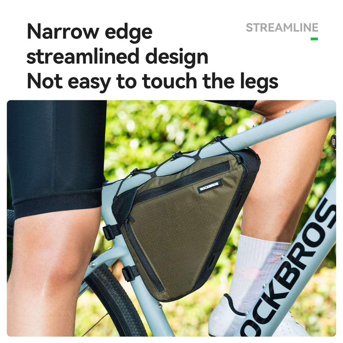 Olive bike triangle frame bag with streamlined shape and top mounting straps.